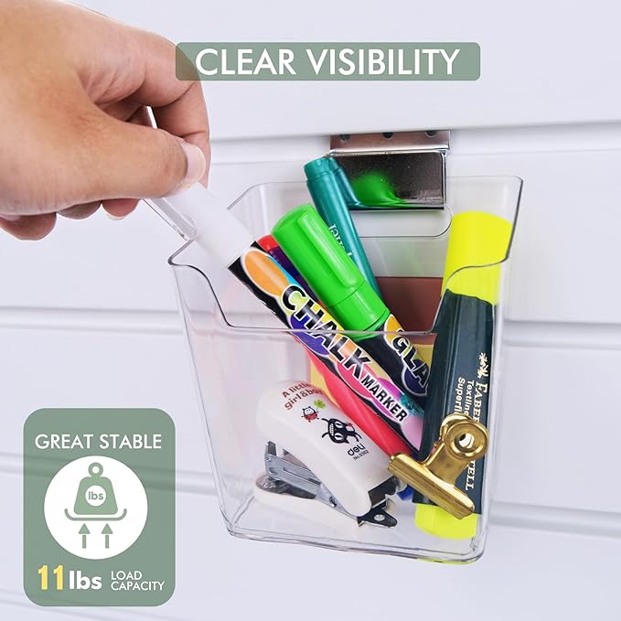 Clear Slatwall Bins, 4 Pack Slat Wall Accessories Cups Hooks Assemble Set Fit Most Slat Board Storage Systems Transparent Display Hanging Holder Organizers for Garage Shed Office Craft Tool (Large)