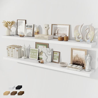 Fun Memories 72 Inch Floating Shelves for Wall 8 Inch Deep White Shelves Set of 2, Wall Mounted Rustic Wood Long Floating Shelf, Large Display & Storage Shelf with Invisible Brackets