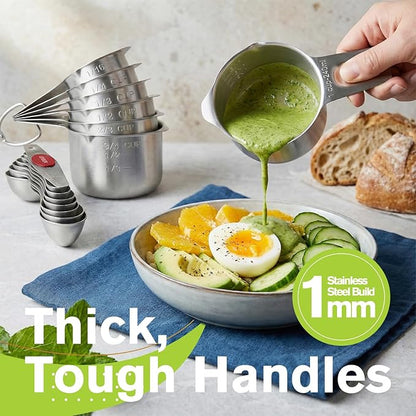 ChefAide Measuring Cups and Spoons Set, 304 Stainless Steel Measuring Cups Set of 7,8 Magnetic Stainless Steel Measuring Spoons & 1 Leveler for for Measure Dry and Liquid Ingredients