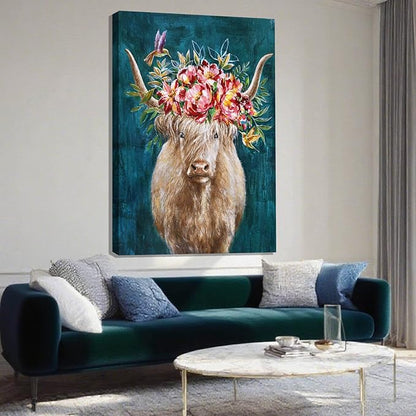 ZENPEE Abstract Modern Animal Wall Decor, Blue Highland Cow Wall Art, Rustic Farmhouse Canvas Decoration for Living Room or Bedroom, 32" x 48"