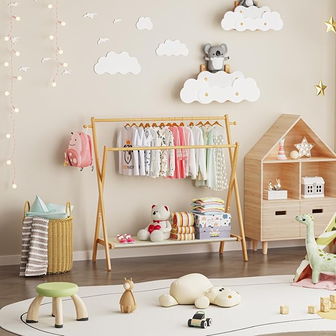 Kids Clothing Rack With Storage Shelf & Double Rods, Foldable Dress Up Clothes Rack for Toddler Nursery, Child's Room, 100% Natural Bamboo (Large Size)