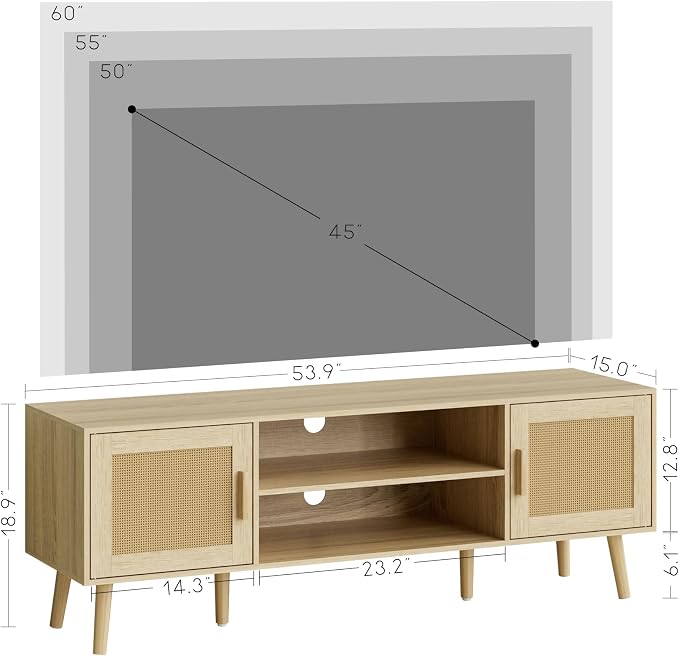 TV Stand for 55-65inch TV, Rattan Entertainment Center with Soft Hinge Door,TV Console Table with 2 Cabinets with Gold Handle and Feet,for Living Room, Bedroom, Natural