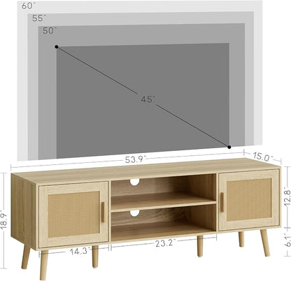 TV Stand for 55-65inch TV, Rattan Entertainment Center with Soft Hinge Door,TV Console Table with 2 Cabinets with Gold Handle and Feet,for Living Room, Bedroom, Natural