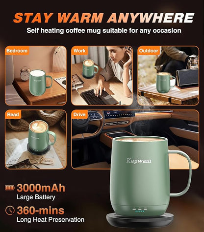 Kepwam Self Heating Coffee Mug T2, 16oz Smart Heated Coffee Mug, 150 Min Battery Life - Hot up to 149℉ Temperature Control Coffee Mug Warmer, Gifts for Dad Mom (No APP)
