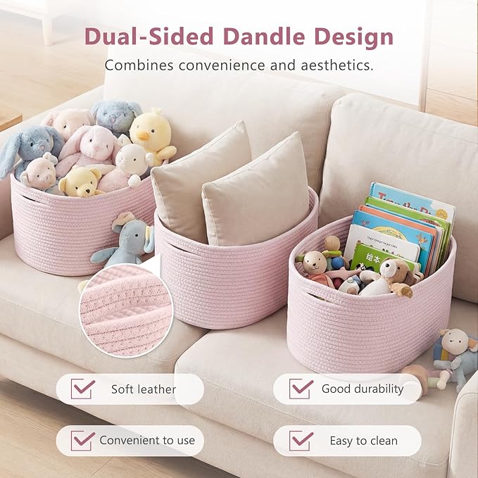 Cotton Rope Storage Basket, 15x10x9 Inches, Woven Basket for Shelves, Clothes, Towels, Books, and Laundry, Light Pink (1 Pack)