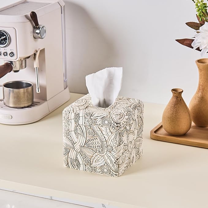 Tropical Leaves Vintage Wood Carved Square Tissue Box Cover Decorative,Tissue Box Holder, Facial Paper Holder for Bathroom Vanity Countertop, Bedroom Night Stand,Office and End Table, Rustic White