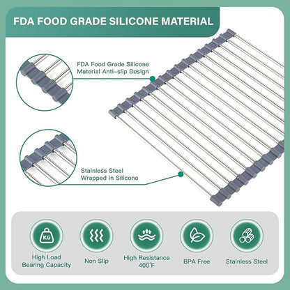 Extra Large Expandable Roll Up Dish Drying Rack,Silicone Wrapped 22.8 x 17.3 in Over The Sink Dish Drying Rack Kitchen Rolling Dish Drainer, Foldable Sink Dish Drainer for Kitchen Counter