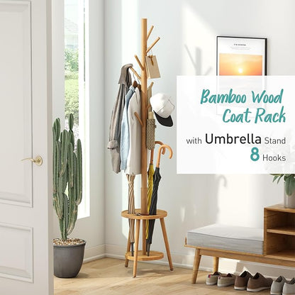 Coat Rack, Bamboo Wood Coat Freestanding with Umbrella Holder, Adjustable Height Coat Stand with 8 Hooks, kids coat rack, Used In The Bedroom Living Room, Office To Hang Clothes, Hats, Bags (Natural)