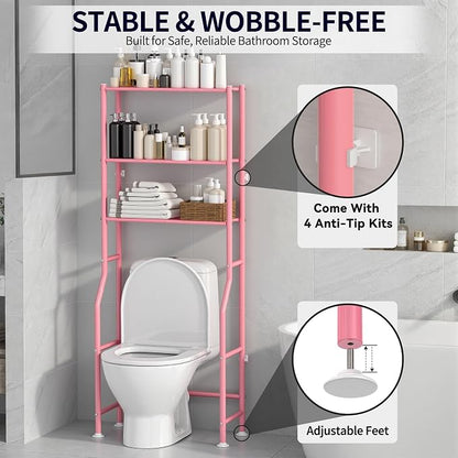 3-Tier Over The Toilet Storage, Freestanding Metal Bathroom Shelves, Space Saver Above The Over Toilet Storage Shelf for Bathroom (Pink)