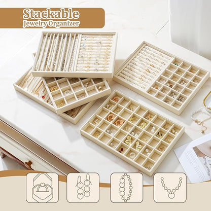 Large Velvet Jewelry Tray 2 Pack Stackable Jewelry Display Drawer Inserts Trays Organizer for Earring Bracelet Necklace Ring (Beige, 40 Grids)
