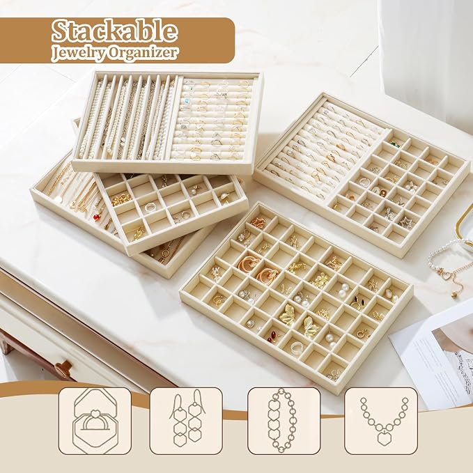Large Velvet Jewelry Tray 2 Pack Stackable Jewelry Display Drawer Inserts Trays Organizer for Earring Bracelet Necklace Ring (Beige, 20 Hooks)