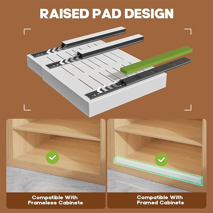 Seinloes 4 Pack Expandable (15.1"-26.3") Pull Out Cabinet Organizer 21" Deep With Raising Pad for Framed Cabinets,Upgrade 3 Slide Rails Slide Out Drawers,No Drill Roll Out Shelves Adhesive,White