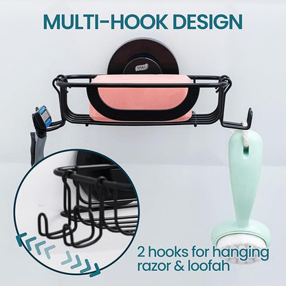 TAILI Soap Bar Holder Dish with Hooks, Shower Soap Tray Saver Suction Cup with Razor Holder for Wall, Rustproof Stainless Steel Bath Shampoo Caddy for Bathroom Accessories Organizer,Sink,Black