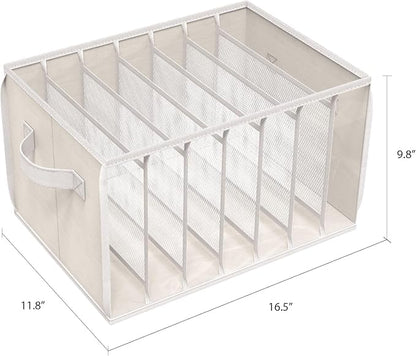 Zilink Upgraded Wardrobe Clothes Organizer with Support Board Clear Pants Organizer for Closet with 7 Grids Divider Extra Large Closet Drawer Organizer for Jean Pant Sweaters T-Shirt, 6 Pack, Beige