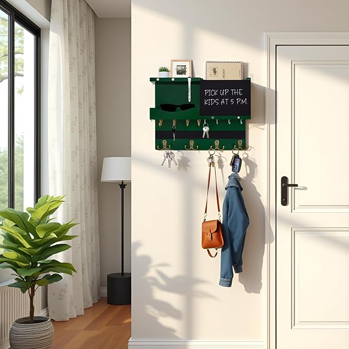 Key Holder for Wall Mount with Shelf and Mail Organizer, Key and Mail Holder with 16 Hooks, Farmhouse Entryway Organizer, Home Decor Rack (Pine Wood,Green)