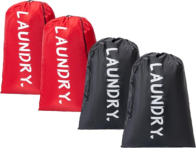 4 Pack XL Travel Laundry Bag, Machine Washable Dirty Clothes Organizer with Drawstring,Large Enough to Hold 4 Loads of Laundry, Easy Fit a Laundry Hamper or Basket Travel Essentials 24" x 36"