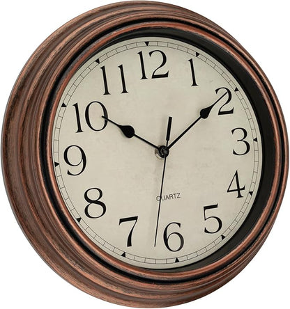 Foxtop Vintage Copper Wall Clock 12 Inch Silent Non Ticking Battery Operated Quartz Round Retro Wall Clock Decorative for Kitchen Bedroom Living Room Office Classroom