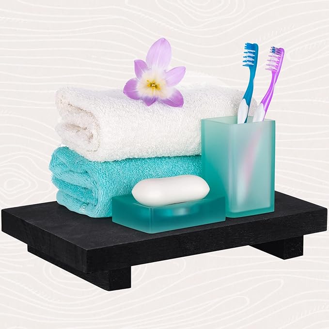Nuogo Wood Riser Tray Soap, Stand Soap Tray for Kitchen Sink, Wood Pedestal for Kitchen Counter Sink Stand Decorative Rustic Bathroom Dishes Plant Bottles Candles Display(12 x 7 Inch,Black)