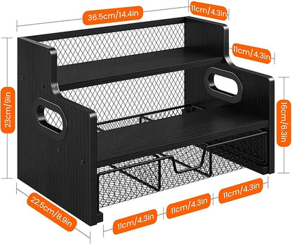 Homode Coffee Syrup Organizer Rack, 3-Tier Syrup Holder Stand with 35 K Cup Storage Drawer, 8 Bottles Capacity, Wood Shelf Liquor Wine Rack for Coffee Bar Countertop, Black
