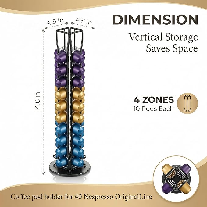 Coffee Pod Holder for Nespresso OriginalLine Capsules, 40 Capacity Rotating Carousel Coffee Pods Organizer, 360 Spinning Coffee Station Storage Rack, Metal Coffee Pod Stand for Kitchen (Black)