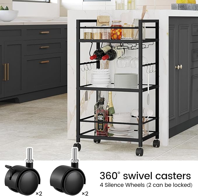 Bar Cart, Serving Cart for Home, Microwave Cart, Drink Cart, Mobile Kitchen Shelf with Wine Rack and Glass Holder, Rolling Beverage Cart for Dining Room, Black
