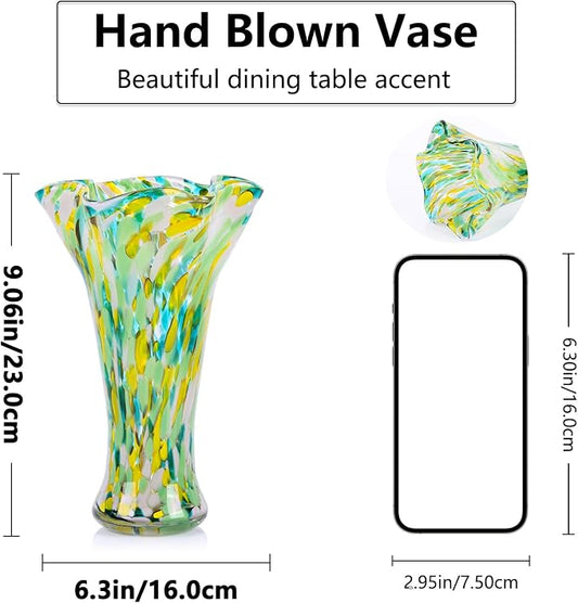 9.0"H Green Glass Vases for Flowers, Unique Hand Blown Glass Vase Green Gold Home Decor, Wide Mouth Colorful Flower Vase Centerpieces, For Living Room Table Bookshelf, Bathroom Office Shelf Decorative