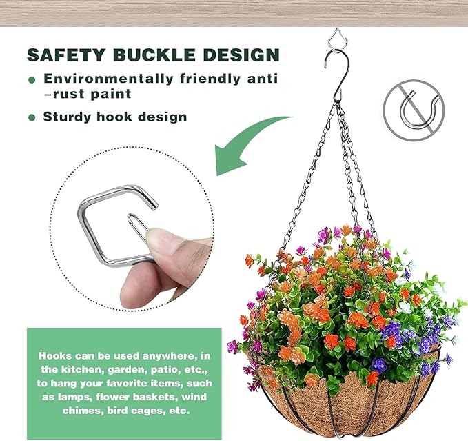 80 Pcs Outdoor Hooks for String Lights,Screw Hooks for Hanging Plants,Ceiling Hooks with Safety Buckle,Square Hanger for Wind Chimes,Bird Feeder,Lanterns,Christmas Decorations Silver