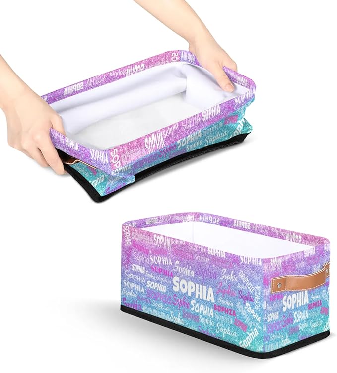 Personalized Small Kids Toys Box with Name, Custom Nursery Baskets, Women Makeup Organization Custom Storage Toilet Paper Organizer, Gradient Violet Pink Blue Glitters