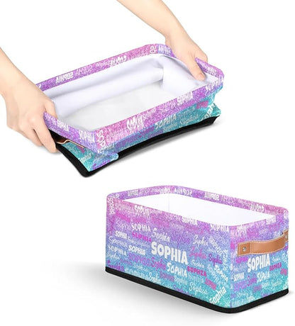 Personalized Small Kids Toys Box with Name, Custom Nursery Baskets, Women Makeup Organization Custom Storage Toilet Paper Organizer, Gradient Violet Pink Blue Glitters