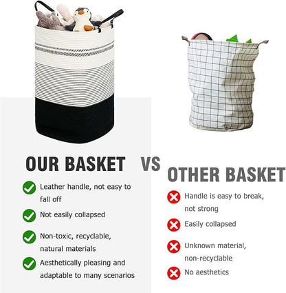 danpinera 100L Nursery Hamper, Tall Woven Laundry Basket with Long Leather Handles, Boho Laundry Hamper for Living Room & Bedroom, Eco-friendly & Convenient Decorative Storage Basket, White & Black