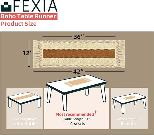 FEXIA Boho Table Runner 36 Inches Long Macrame Summer Decor Coffee Table Cover Farmhouse Stylewith Tassels for Party Bohemian Rustic Wedding Bridal Shower Dining Room Middle Brown (12x36 Inches)