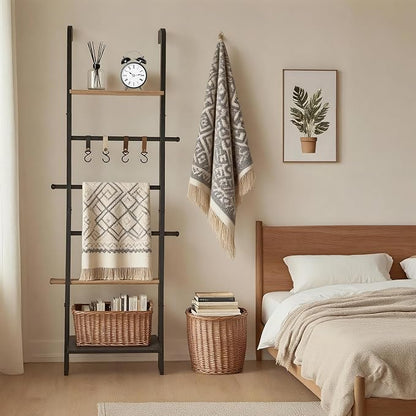 Wooden Ladder with Shelf for Decor, 6-Tier Decor Ladder with Non-Slip Mat & Hooks, Farmhouse Style Leaning Wall Display Holder, Black