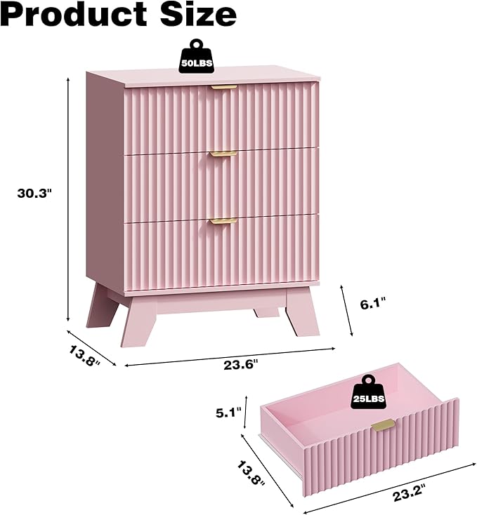 Fluted 3 Drawer Dresser for Bedroom, Mid Century Modern Night Stand with Metal Handle, Wooden Beside Table with 3 Drawers End Table for Living Room, Closet, Entryway, Pink