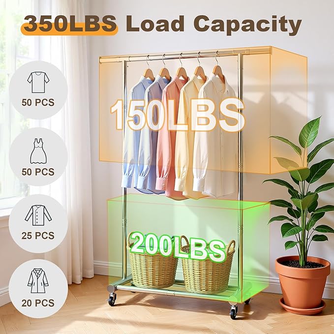 TigerParty Clothes Rack for Hanging Clothes, Sturdy Stainless Steel Clothing Rack, Extendable & Adjustable Rolling Garment Rack with Wheels for Bedroom Laundry Living Room