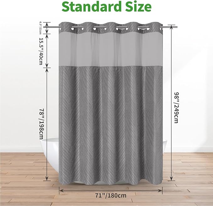 no Hook Shower Curtain and Liner Set，Boho Style with See Through Top Window, Grey Fabric Tufted Striped Textured Outer Curtain & Waterproof Inner Liner, Grey/Gray, 71Wx98H