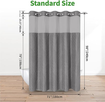 no Hook Shower Curtain and Liner Set，Boho Style with See Through Top Window, Grey Fabric Tufted Striped Textured Outer Curtain & Waterproof Inner Liner, Grey/Gray, 71Wx98H