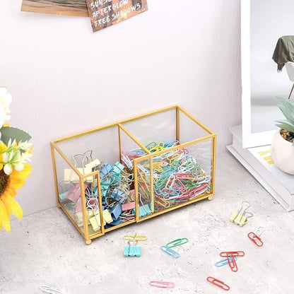 Glass Sticky Note Holder,2 Slots Post It Note Dispenser,Gold Desk Organizer for 3 x 3 Sticky Notes/Paper Clips/Book Clips,Stylish Post it Holder for Home Office Desk