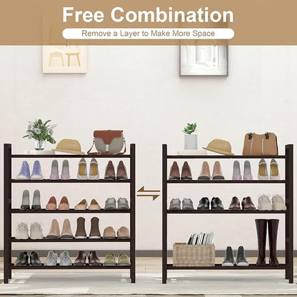 Haddockway Bamboo Shoe Rack for Closet, Free Standing Shoe Organizer with Smooth Round Rods & Convenient Handles, Stackable Shoe Storage Shelf for Entryway, Hallway(Brown, 5-Tier)