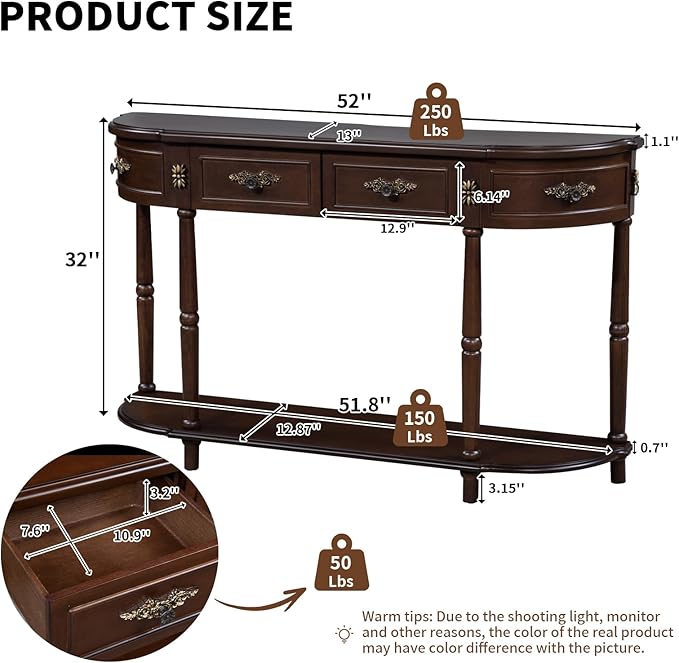 HMFULE Retro Curved Console Table, 52" Half Moon Console Table Sofa Table Entryway Table with 2 Drawers 1 Open Shelf Solid Pine Legs for Living Room,Entryway,Hallway,Espresso