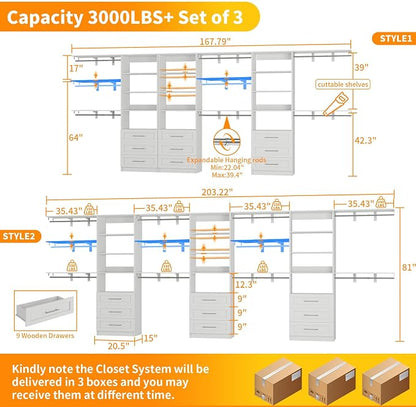 Closet System with 9 Drawers, 11-17FT Closet Organizer System with Cuttable Shelves for Walk in Closet with 9 Expandable Hanging Rods, Heavy Duty Built-in Closet for Bedroom, White(3 Sets)