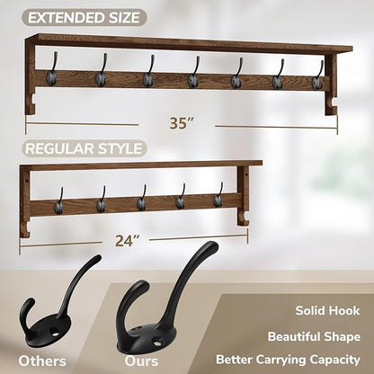 AMBIRD Coat Rack Wall Mount, 35 Inch Extra Long Wall Hooks with Hanging, Wooden Shelf with 7 Metal Hooks 2 Side Hooks, Wall Key Holder with Shelf in Entryway, Kitchen, Bathroom, Living Room, Bedroom