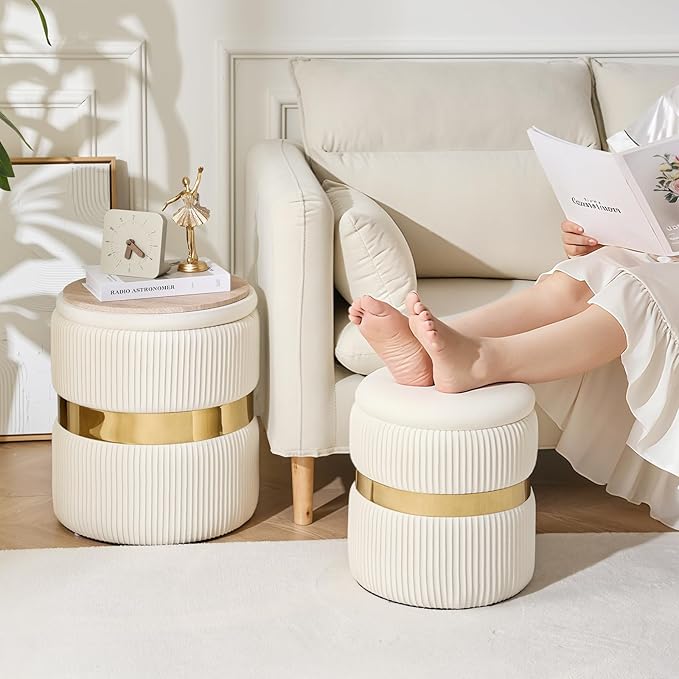 Round Ottoman with Storage Set of 2 Small Ottoman Coffee Table, Foot Stool, Vanity Chair, Removable Lid, for Living Room, Bedroom, Hallway, Assembly Free (White with Middle Gold)