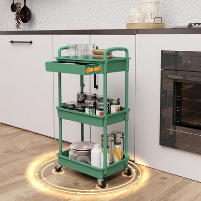 REBECAT 3 Tier Rolling Utility Cart with Drawer,Rolling Storage Cart,Storage Cart for Kitchen,Bathroom,Living Room, Organizer with Iron Wheels(Green)