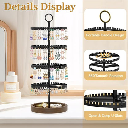 MODOWEY 4 Tier Rotating Earring Holder Organizer Display Tree with Wooden Tray, Adjustable Plastic Stand with 228 Slots for Stud Hoop Hanger, Large Capacity Storage Rack for Women Space Saving, Black