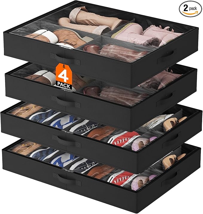 Lifewit Under Bed Shoe Storage Organizer 2 Pack(14 Shoes Cells+4 Boots Cells), 4.3 Inches Profile Fabric Shoes Container Box with Clear Cover, Foldable Storage Bag with 2 Handles, Fits 22 to 36 Pairs
