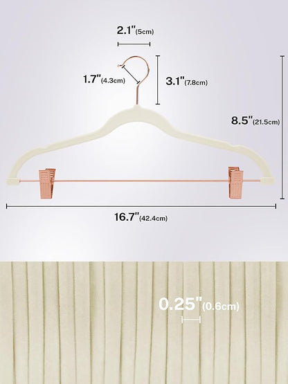 HOUSE DAY Velvet Skirt Hangers 24 Pack, Non Slip Pants Hangers with Rose Gold Clips, Slim Hanger with Clips, Velvet Clip Hanger for Jeans, Trouser, Dresses, Coats (Ivory)