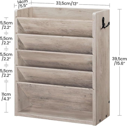 CHOEZON Wall File Organizer, 6-Tier Vertical Mount Hanging Holder with 2 Side Hooks, Modern Wooden Magazine Storage Holder with Bottom Tray, Desk Organizer, for Office, Home, Greige MWJ01FH