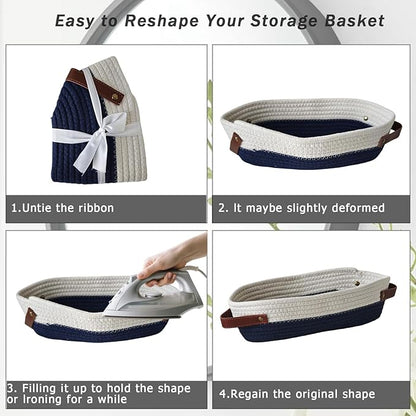 1 Pack Small Woven Storage Basket for Toilet Tank Top, Bathroom Countertop Organizer Cotton Rope Toilet Paper Storage Decorative Basket 13"x6"x4"(Navy/White)