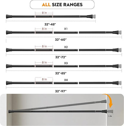 1.1 Inch Diameter Tension Closet Rods for Hanging Clothes 32-97 Inch, Adjustable Pole Closet to Hang Clothes, Heavy Duty Closet bar for Wardrobes with No Drilling Holder, Matte Black