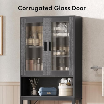 USHOWER Over The Toilet Storage Cabinet, Bathroom Organizers and Storage with Tempered Glass Doors, Thicken Metal Stand & MDF Wood Above Toilet Storage Cabinet, Freestanding Space Saver, Black